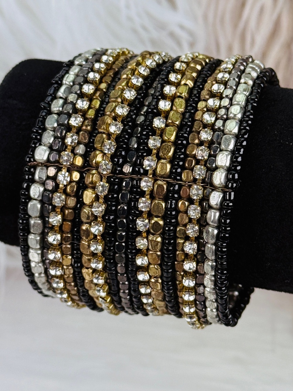 Wide Beaded Cuff Bracelet Rhinestone Mixed Metal Black Statement
